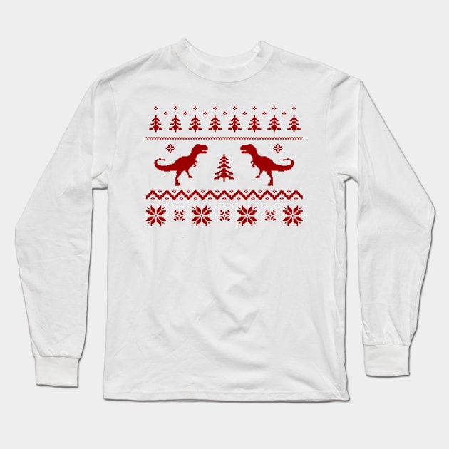 Christmas Ugly Sweater pattern dinosaur Long Sleeve T-Shirt by Closeddoor